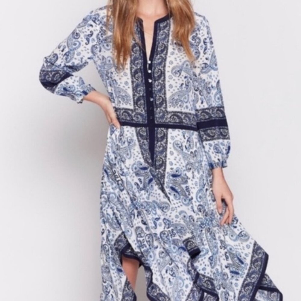 NWT JOIE Cynthia Paisley print Silk Dress Blue/White HANDKERCHIEF Hem XXS $380